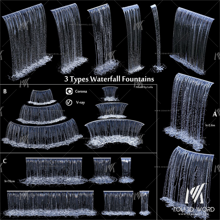 3 types of waterfall Fountains cascade in different sizes